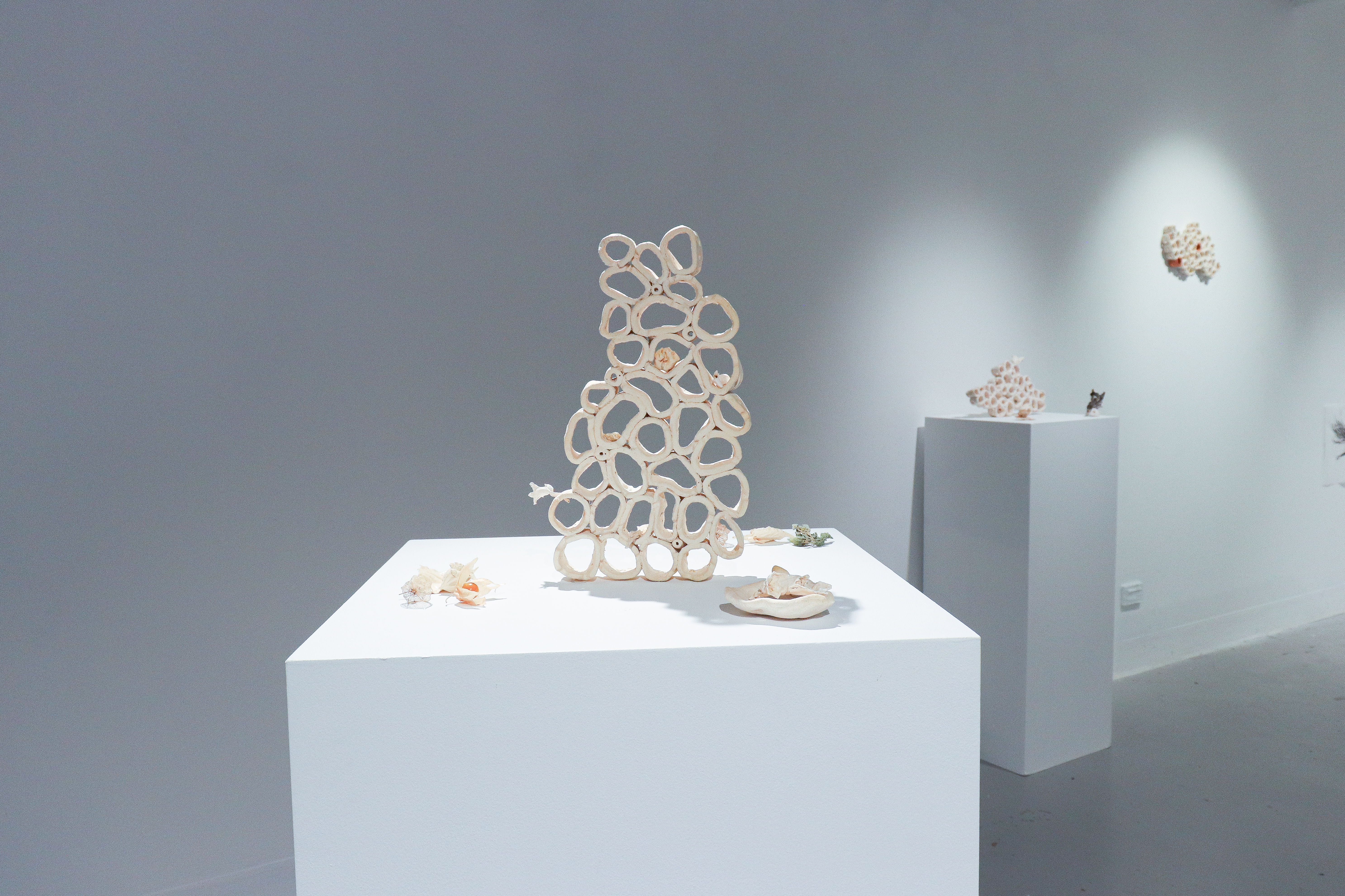 A photograph inside an art gallery of small ceramic sculptures on plinths